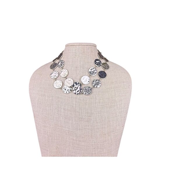 Chicos Silver Tone Chunky Hammered Disc Necklace Adjustable Length Chain - Picture 2 of 4